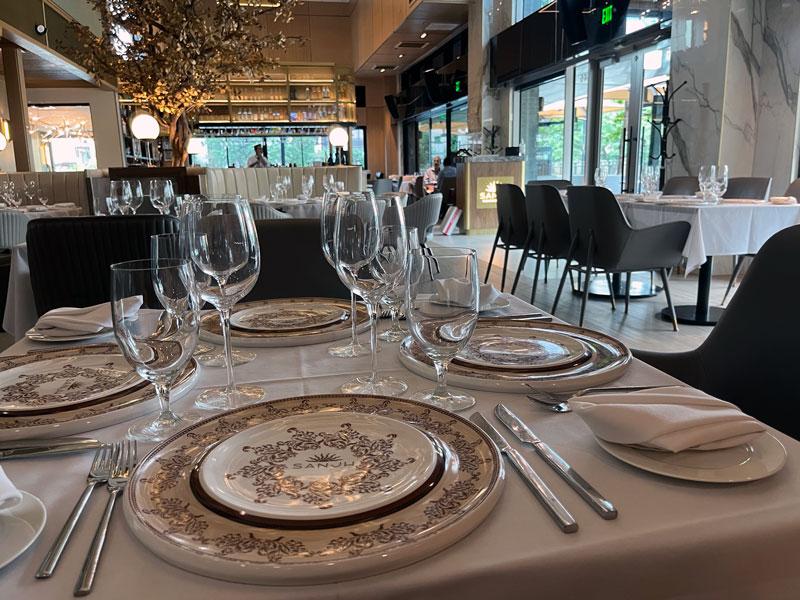 Elegant seating at Sanjh Restaurant in Irving, Texas.