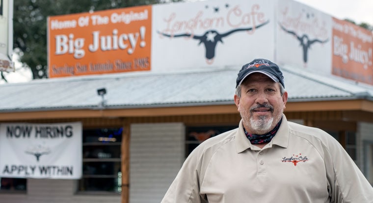 Paul Weir, Chef/Owner, in front of the Longhorn Cafe